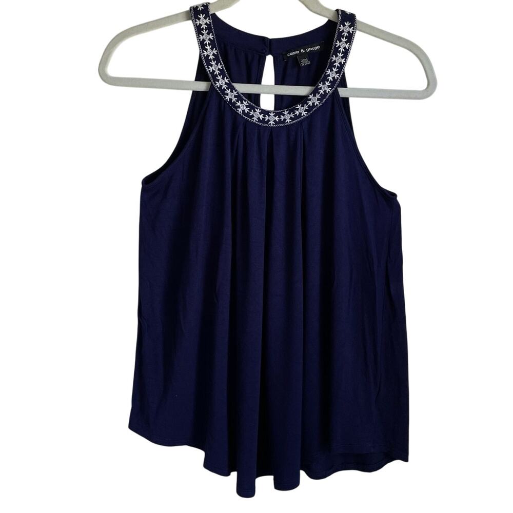 Cable & Gauge Embroidered Halter Top Sz M Navy White Keyhole Back Soft Coastal